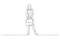 Illustration of businesswoman hold diplomat bag wear specs shirt checkered blazer trousers high heels. Single line art style