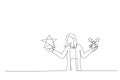 Illustration of businesswoman holding comparing quality of stars. Metaphor for quality vs quantity. Single continuous line art