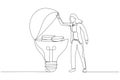 Illustration of businesswoman open bright lightbulb idea and found money coins. One line art style