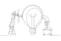 Illustration of businesswoman open lightbulb idea faucet to earn money coins. Idea to make money. Single continuous line art style