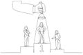 Illustration of businesswoman on podium, one among them being flash lighted by big hand from top using flashlight. Single line art