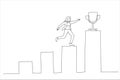 Illustration of businesswoman professional step up growing bar graph to win the trophy. Business winner, achievement or prize. One