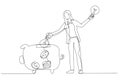 Illustration of businesswoman putting light bulb into a piggy bank concept of good business idea. Single continuous line art