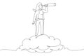 businesswoman riding cloud holding telescope or binocular to search for business visionary. Opportunity, vision