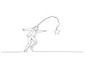 Illustration of businesswoman running with carrot stick trying to grab star prize award. Metaphor for incentive. Single continuous