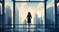 An illustration of a businesswoman standing in front of large window looking out at cityscape AI Generated