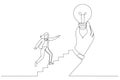 Illustration of businesswoman step on stair of big hand holding inspiring bright lightbulb. Inspiration idea. One continuous line