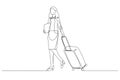 Illustration of businesswoman with a suitcase ready go to business meeting. Single line art style