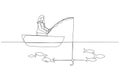 Illustration of businesswoman try to get fish but not getting one concept of unsuccessful. Continuous line art style