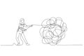 Illustration of businesswoman try to unraveling tangled rope concept of solution and problem solving. Single continuous line art