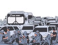 Illustration of busy rush hour traffic with motorcycles, cars, buses, public transport