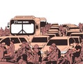 Illustration of busy rush hour traffic with motorcycles, cars, buses, public transport