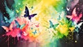 Illustration of butterflies flying around in splashes of color explosions