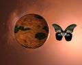 Illustration of a butterfly in space next to a distant alien planet illuminated with a bright sun