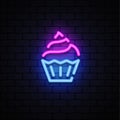 Illustration with cake neon for banner design. Vector flat illustration. Glowing vector banner design