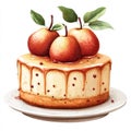 Illustration of a Cake Topped with Caramel Sauce and Three Red Apples Royalty Free Stock Photo
