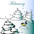 illustration of calendar, February, winter forest and titmouse on snow