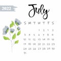 calendar of 2022 july with blue flowers