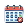 Illustration of a calendar with an X mark, denoting cancellation, no availability and rescheduling events or Royalty Free Stock Photo