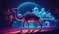 illustration of a camel walking in front of the mosque Royalty Free Stock Photo