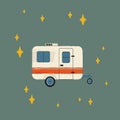 Illustration of a Camper RV. Trailer for a roadside house in the circle of stars doodle. A caravan,a vehicle for