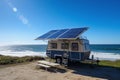 Illustration of camper van with solar panels on the roof,created with Generative AI technology.