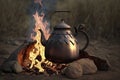 illustration, campfire camping kettle cozy camping spot in wild and generative ai Royalty Free Stock Photo