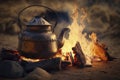 illustration, campfire camping kettle cozy camping spot in wild and generative ai Royalty Free Stock Photo