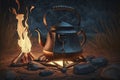 illustration, campfire camping kettle cozy camping spot in wild and generative ai Royalty Free Stock Photo