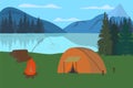 Summer camp activity beside lake vector, flat design. Royalty Free Stock Photo