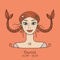 Illustration of Cancer zodiac sign. Element of Water. Beautiful Girl Portrait. One of 12 Women in Collection For Your Royalty Free Stock Photo