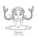 Illustration of Cancer zodiac sign. Element of Water. Beautiful Girl Portrait. One of 12 Women in Collection For Your Royalty Free Stock Photo