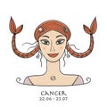 Illustration of Cancer zodiac sign. Element of Water. Beautiful Girl Portrait. One of 12 Women in Collection For Your Royalty Free Stock Photo