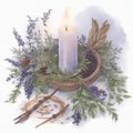 illustration with candle and other witch herbs