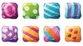 An illustration of candy app icons, UI square buttons, a cartoon lollipop menu interface with colored blocks. A 2D