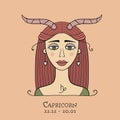 Illustration of Capricorn zodiac sign. Element of Earth. Beautiful Girl Portrait. One of 12 Women in Collection For Your Royalty Free Stock Photo