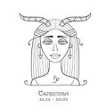 Illustration of Capricorn zodiac sign. Element of Earth. Beautiful Girl Portrait. One of 12 Women in Collection For Your Royalty Free Stock Photo