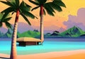 Illustration of a Serene Tropical Island at Sunset with Clear Blue Waters and Palm Trees Royalty Free Stock Photo