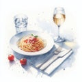 Savory Spaghetti Delight: Italian Cuisine on a Plate Wattercolor art