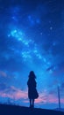 Girl silhouette blue starry night sky shooting stars gradient dusk horizon Royalty Free Stock Photo