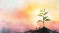 An illustration capturing the first light of dawn shining upon a young sapling, symbolizing new beginnings and growth Royalty Free Stock Photo