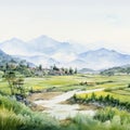 Hyper Realistic Watercolor Painting: Mountains In The Valley Of Rice Fields Royalty Free Stock Photo