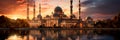 illustration capturing the serene beauty of a mosque at sunset for Ramadan , Generative AI Royalty Free Stock Photo
