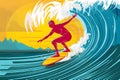 Illustration capturing surfer riding ocean wave with skill and grace