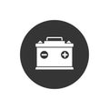 Illustration of car battery white icon on gray background.