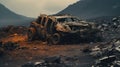 A scorched earth with car remains in the foreground Royalty Free Stock Photo