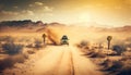 Car traveling through the desert dusty road under the sun