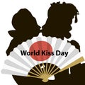 Illustration card  World Kiss Day with silhouette of kissing people behind a fan Royalty Free Stock Photo