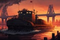 Illustration of a cargo barge transporting goods on a river with a beautiful sunset in the background