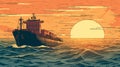 Cargo Ship Sailing into the Sunset